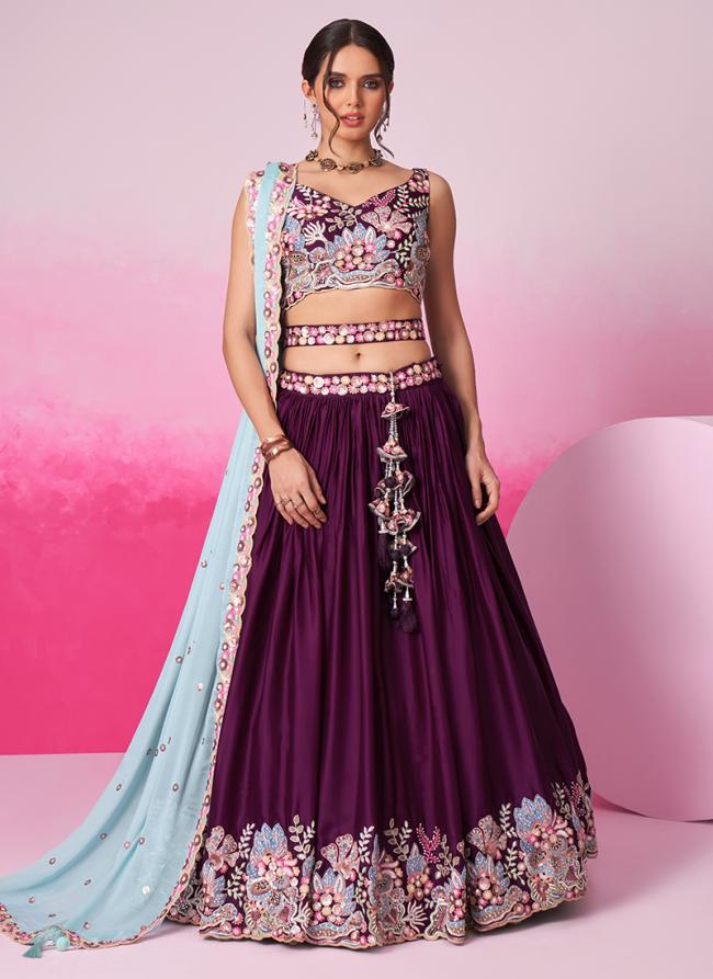 Sattin Burgandy Wedding Wear Sequins Work Lehenga Choli